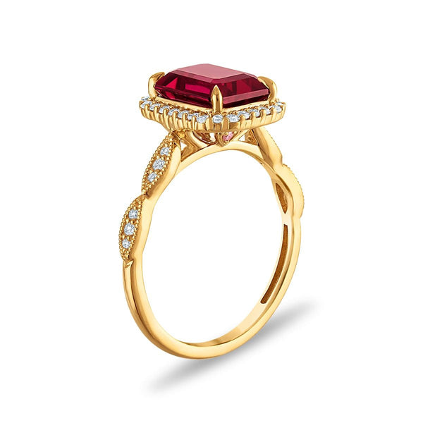 LoveSong EcoLove 9X7MM Ruby and Lab Grown Diamond Halo Ring in 10KT Yellow Gold