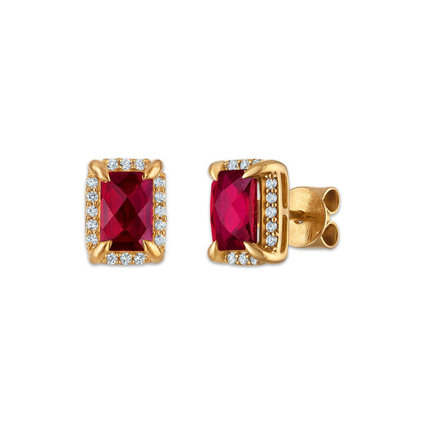 6X4MM Radiant Ruby and White Sapphire Birthstone Stud Earrings in 18KT Gold Vermeil