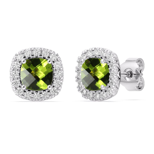 5MM Cushion Peridot and White Sapphire Birthstone Halo Stud Earrings in Sterling Silver