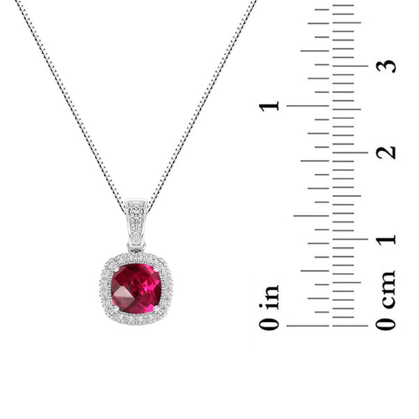 6MM Cushion Ruby and White Sapphire Birthstone Halo 18-inch Pendant in Sterling Silver