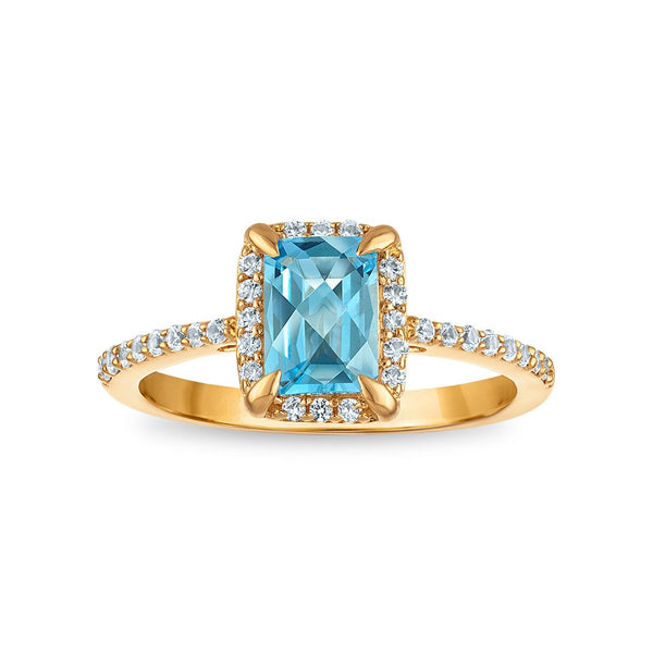 7X5MM Radiant Aquamarine and White Sapphire Birthstone Ring in 18KT Gold Vermeil