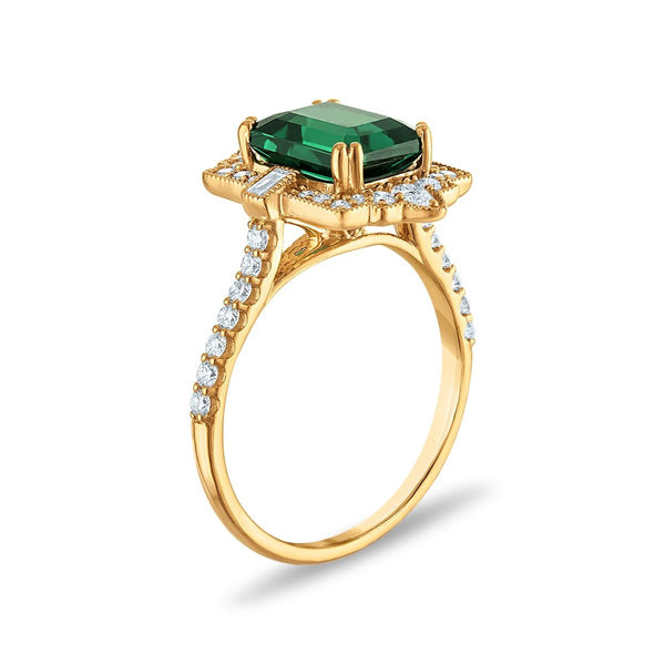 LoveSong EcoLove 9X7MM Emerald and Lab Grown Diamond Halo Ring in 10KT Yellow Gold
