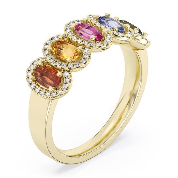 Multi-Color Sapphire and Diamond Halo Ring in 10KT Yellow Gold