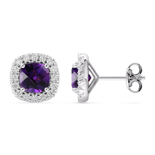 5MM Cushion Amethyst and White Sapphire Birthstone Halo Stud Earrings in Sterling Silver