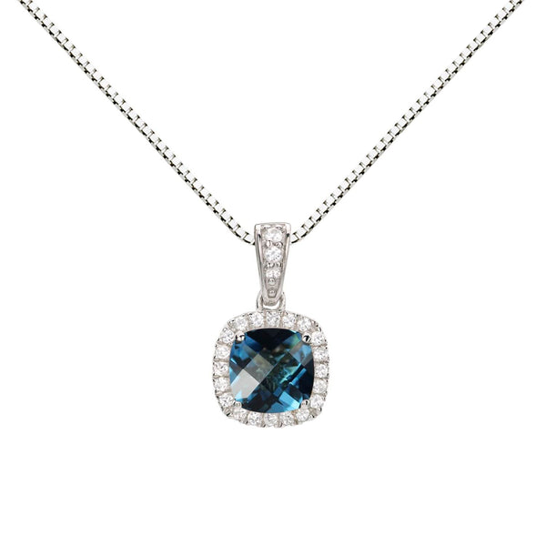 6MM Cushion Swiss Blue Topaz and White Sapphire Birthstone Halo 18-inch Pendant in Sterling Silver