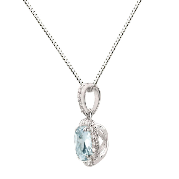 6MM Cushion Aquamarine and White Sapphire Birthstone Halo 18-inch Pendant in Sterling Silver