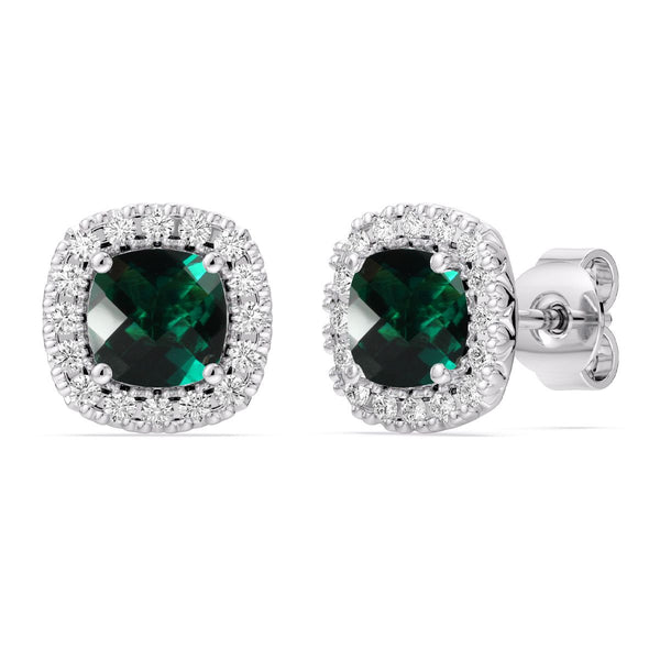5MM Cushion Emerald and White Sapphire Birthstone Halo Stud Earrings in Sterling Silver
