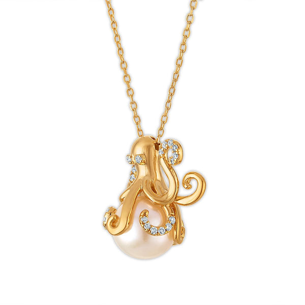 LoveSong Pearl and Lab Grown Diamond Octopus Pendant in 18KT Gold Vermeil