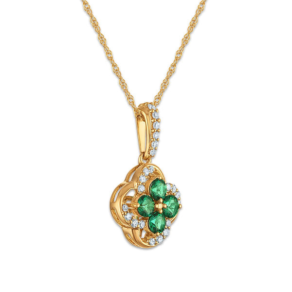 LoveSong EcoLove 3MM Emerald and Lab Grown Diamond Clover 18-inch Pendant in 10KT Yellow Gold
