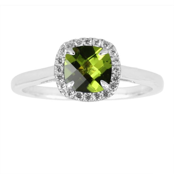 6MM Cushion Peridot and White Sapphire Birthstone Halo Ring in Sterling Silver