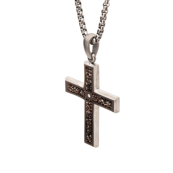 Inox Stainless Steel 24-inch Cross Pendant with Black Dinosaur Bone Inlay and Lab Grown Diamond Accent