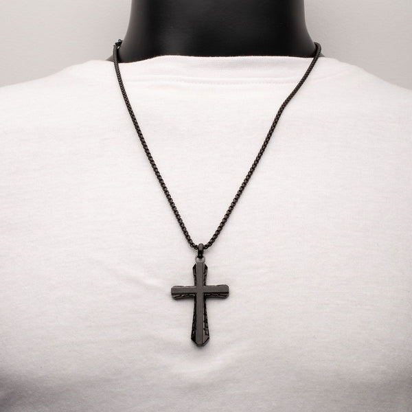 Inox Stainless Steel Black Carbon Graphite 24-inch Sepulchre Cross Pendant