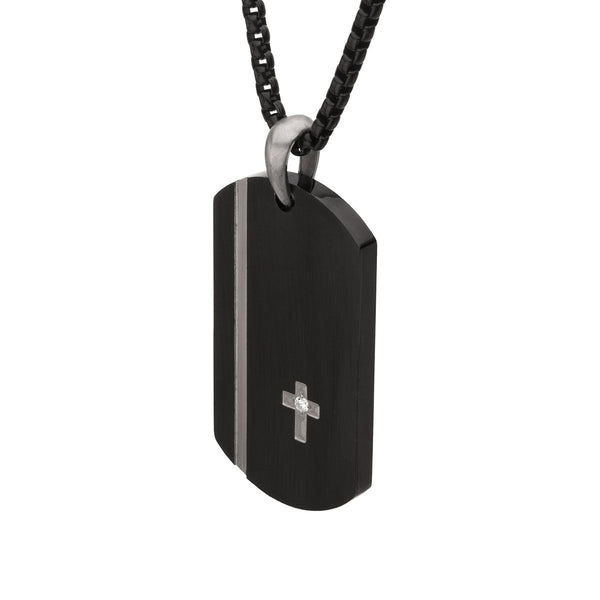 Inox Black IP Stainless Steel Lab Grown Diamond Accent 24-inch Dog tag with Cross Inlay