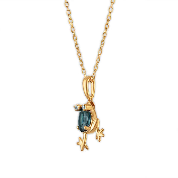 LoveSong London Blue Topaz and Lab Grown Diamond18-inch Frog Pendant in 18KT Gold Vermeil