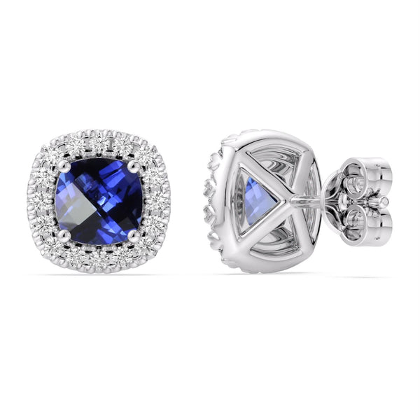 5MM Cushion Blue Sapphire and White Sapphire Birthstone Halo Stud Earrings in Sterling Silver