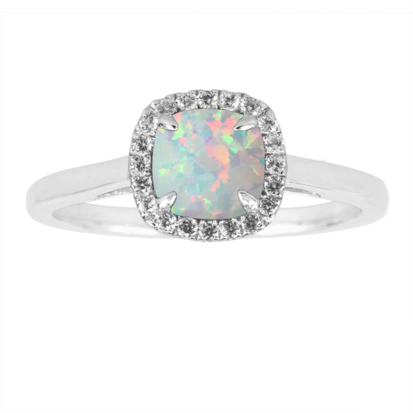 6MM Cushion Opal and White Sapphire Birthstone Halo Ring in Sterling Silver