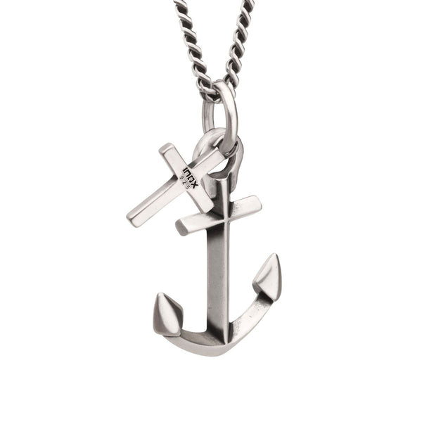 Inox Sterling Silver Oxidized 22-inch Anchor and Cross Pendant