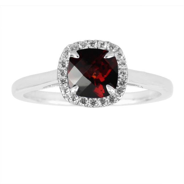 6MM Cushion Garnet and White Sapphire Birthstone Halo Ring in Sterling Silver