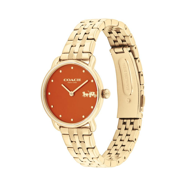 Coach Eliot 28MM Orange Dial Goldtone Watch. 14504446