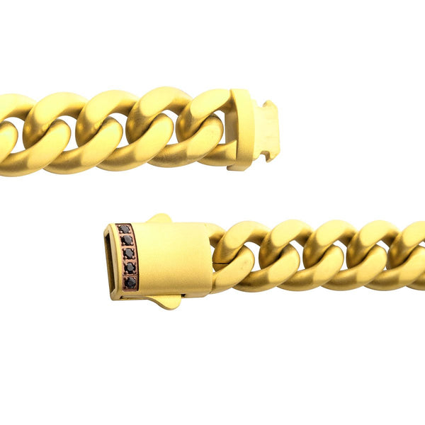 Inox Gold IP Stainless Steel 8.5-inch 10MM Miami Cuban Link Bracelet with Black Sapphire