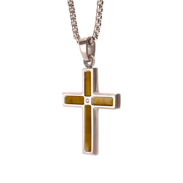 Inox Stainless Steel Tiger Eye Stone Inlay and Lab Grown Diamond Accent 22-inch Cross Pendant