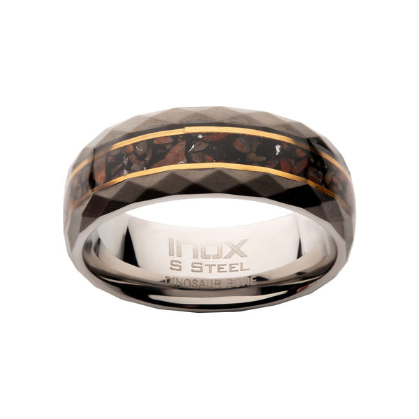 Inox Stainless Steel Ring with Dinosaur Bone Inlay and Thin 18KT Gold IP Lines. Size 10
