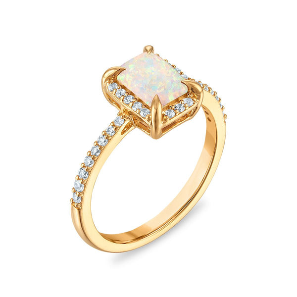 7X5MM Radiant Opal and White Sapphire Birthstone Ring in 18KT Gold Vermeil