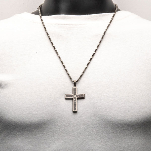 Inox Stainless Steel 24-inch Cross Pendant with Black Dinosaur Bone Inlay and Lab Grown Diamond Accent