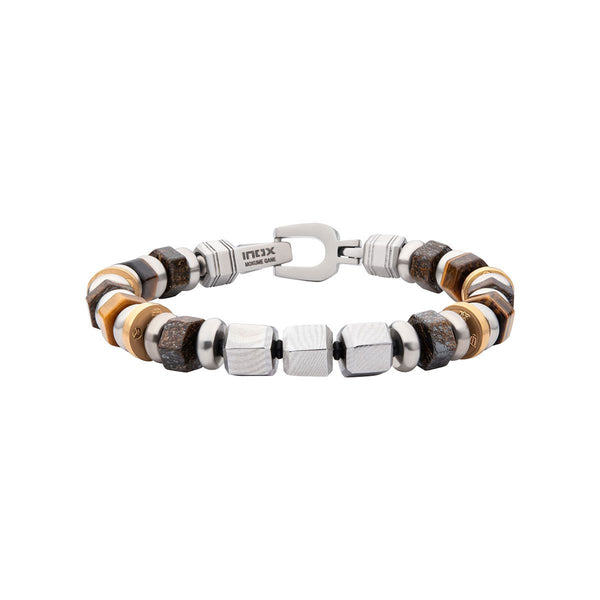 Inox 8MM 7.75-inch Mokume Gane Bronzite and Tiger Eye Beads Bushido Virtue Bracelet