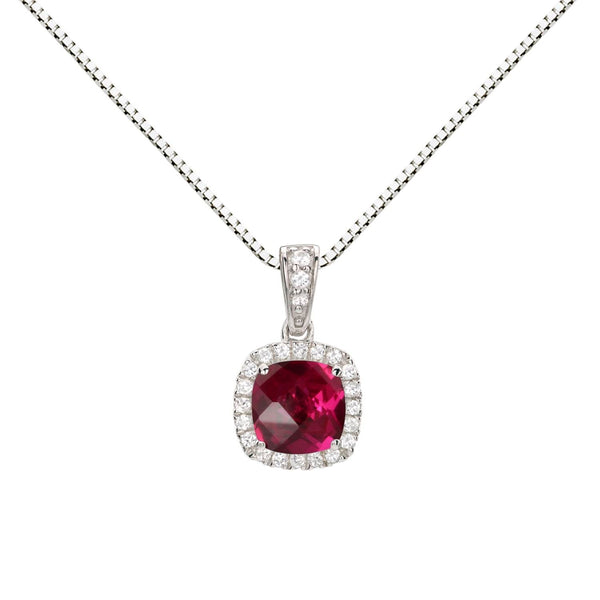 6MM Cushion Ruby and White Sapphire Birthstone Halo 18-inch Pendant in Sterling Silver