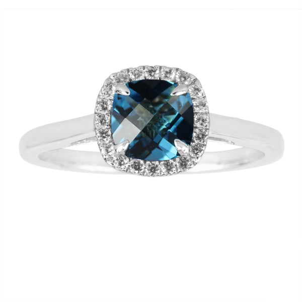 6MM Cushion Swiss Blue Topaz and White Sapphire Birthstone Halo Ring in Sterling Silver