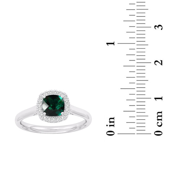 6MM Cushion Emerald and White Sapphire Birthstone Halo Ring in Sterling Silver