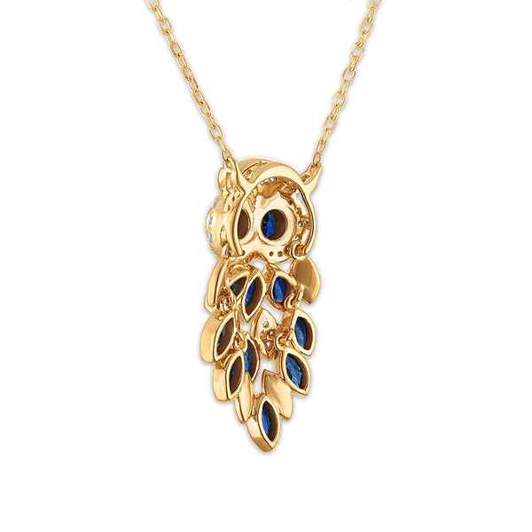 LoveSong 1/6 CTW Lab Grown Diamond and Blue Sapphire 18-inch Owl Pendant in 18KT Gold Vermeil