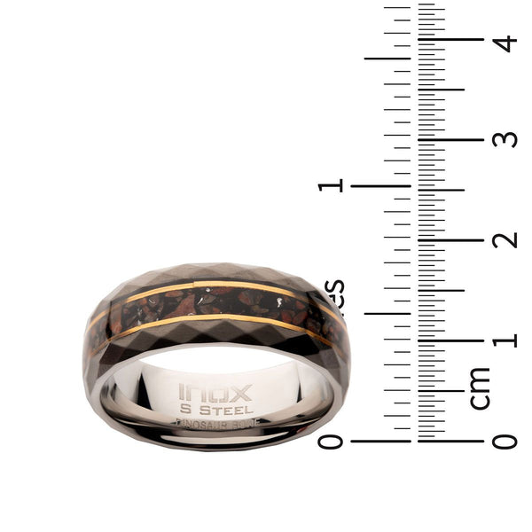 Inox Stainless Steel Ring with Dinosaur Bone Inlay and Thin 18KT Gold IP Lines. Size 10