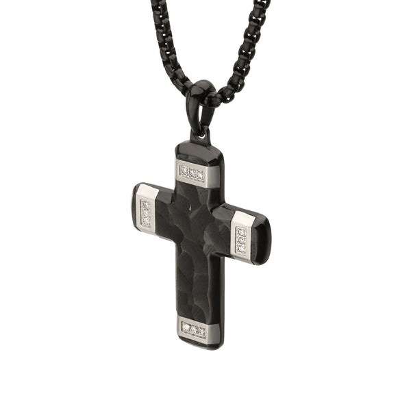 Inox Black IP Two-Tone Stainless Steel Lab Grown Diamond Accent 24-inch Cross Pendant