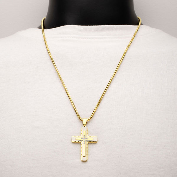 Inox 18KT Gold IP Stainless Steel 1/20 CTW Lab Grown Diamond Accent 24-inch Cross