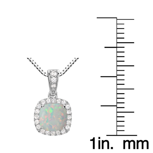 6MM Cushion Opal and White Sapphire Birthstone Halo 18-inch Pendant in Sterling Silver
