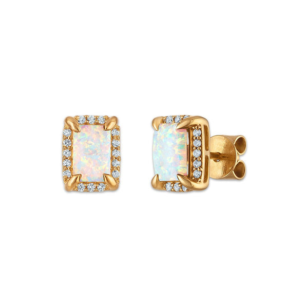 6X4MM Radiant Opal and White Sapphire Birthstone Stud Earrings in 18KT Gold Vermeil