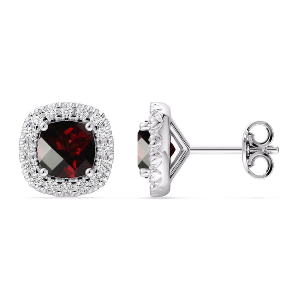 5MM Cushion Garnet and White Sapphire Birthstone Halo Stud Earrings in Sterling Silver