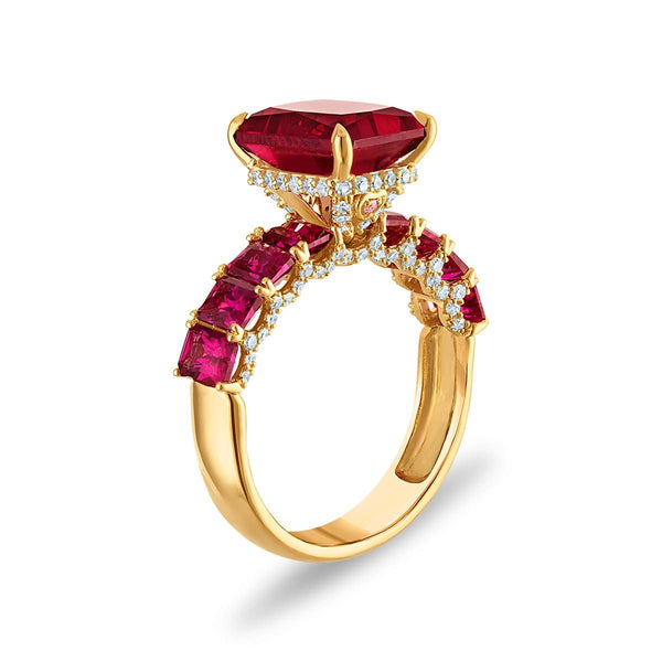 LoveSong EcoLove 10X8MM Ruby and Lab Grown Ruby Engagement Ring in 10KT Yellow Gold