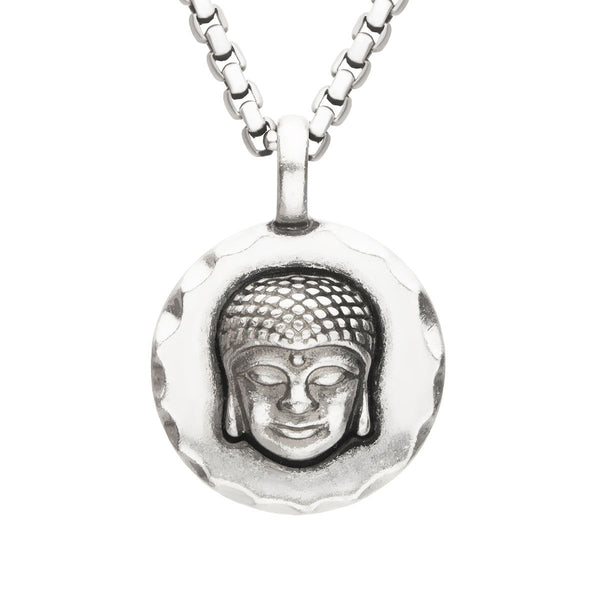 Inox Sterling Silver Oxidized 22-inch Buddha Head Pendant
