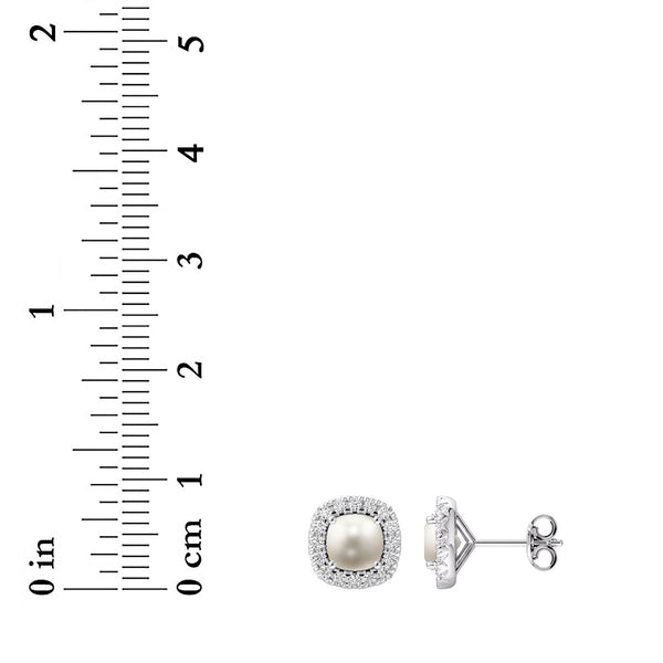5MM Cushion Pearl and White Sapphire Birthstone Halo Stud Earrings in Sterling Silver