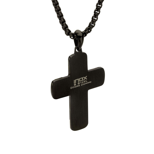 Inox Black IP Two-Tone Stainless Steel Lab Grown Diamond Accent 24-inch Cross Pendant
