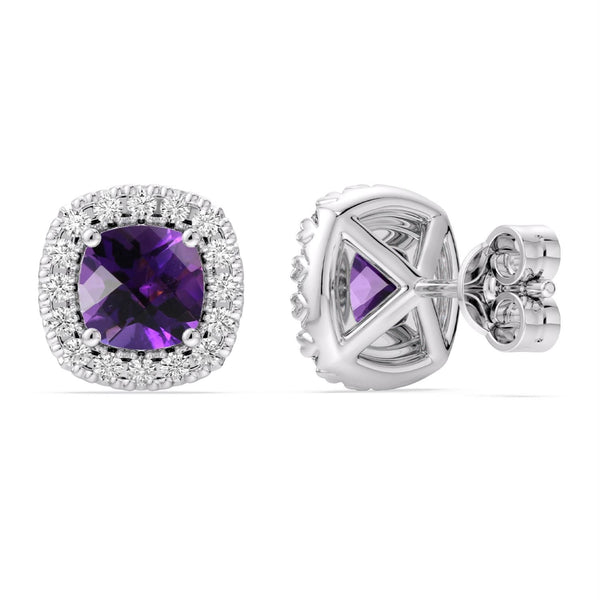 5MM Cushion Amethyst and White Sapphire Birthstone Halo Stud Earrings in Sterling Silver
