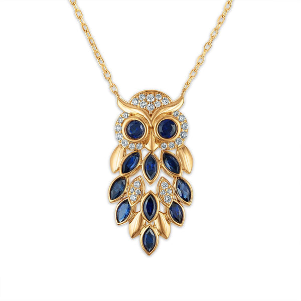 LoveSong 1/6 CTW Lab Grown Diamond and Blue Sapphire 18-inch Owl Pendant in 18KT Gold Vermeil
