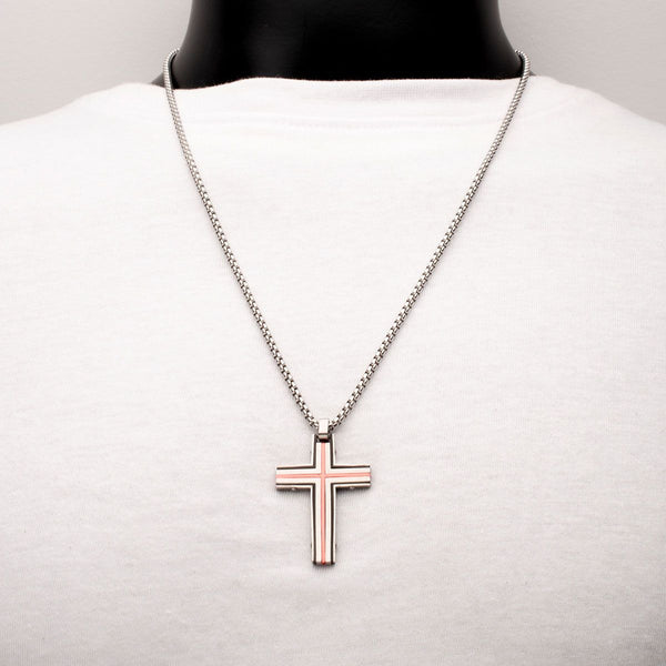 Inox Red IP Stainless Steel  24-inch Dante Cross Pendant