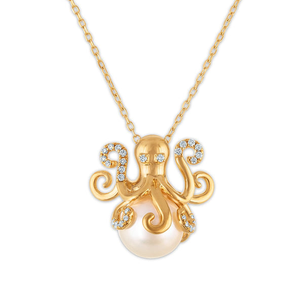 LoveSong Pearl and Lab Grown Diamond Octopus Pendant in 18KT Gold Vermeil