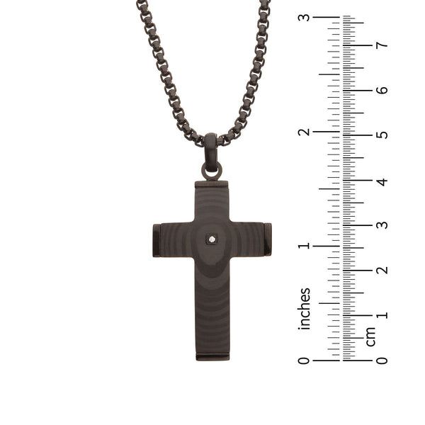 Inox Solid Carbon Fiber Natural Diamond Accent 24-inch Cross Pendant