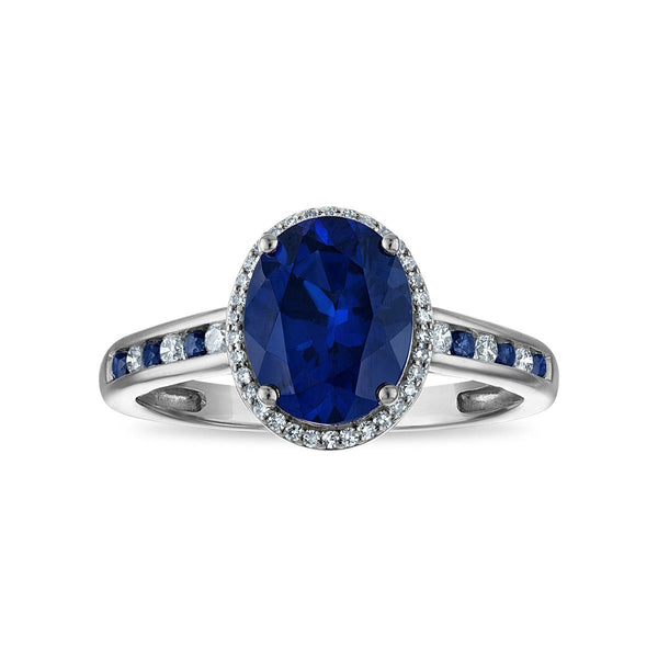 LoveSong EcoLove 9X7MM Blue Sapphire and Lab Grown Blue Sapphire Halo Ring in 10KT White Gold
