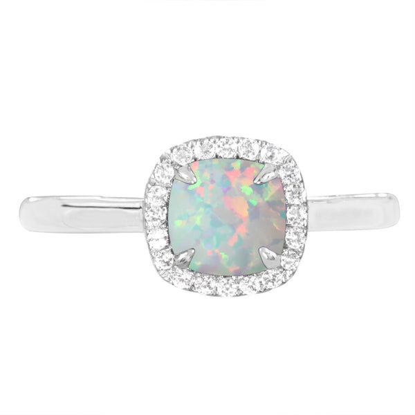 6MM Cushion Opal and White Sapphire Birthstone Halo Ring in Sterling Silver